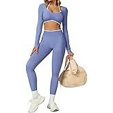 UONNOU Workout Sets for Women 2 Piece Seamless Long Sleeve Crop Top and High Waist Scrunch Butt Lifting Leggings Yoga Outfits