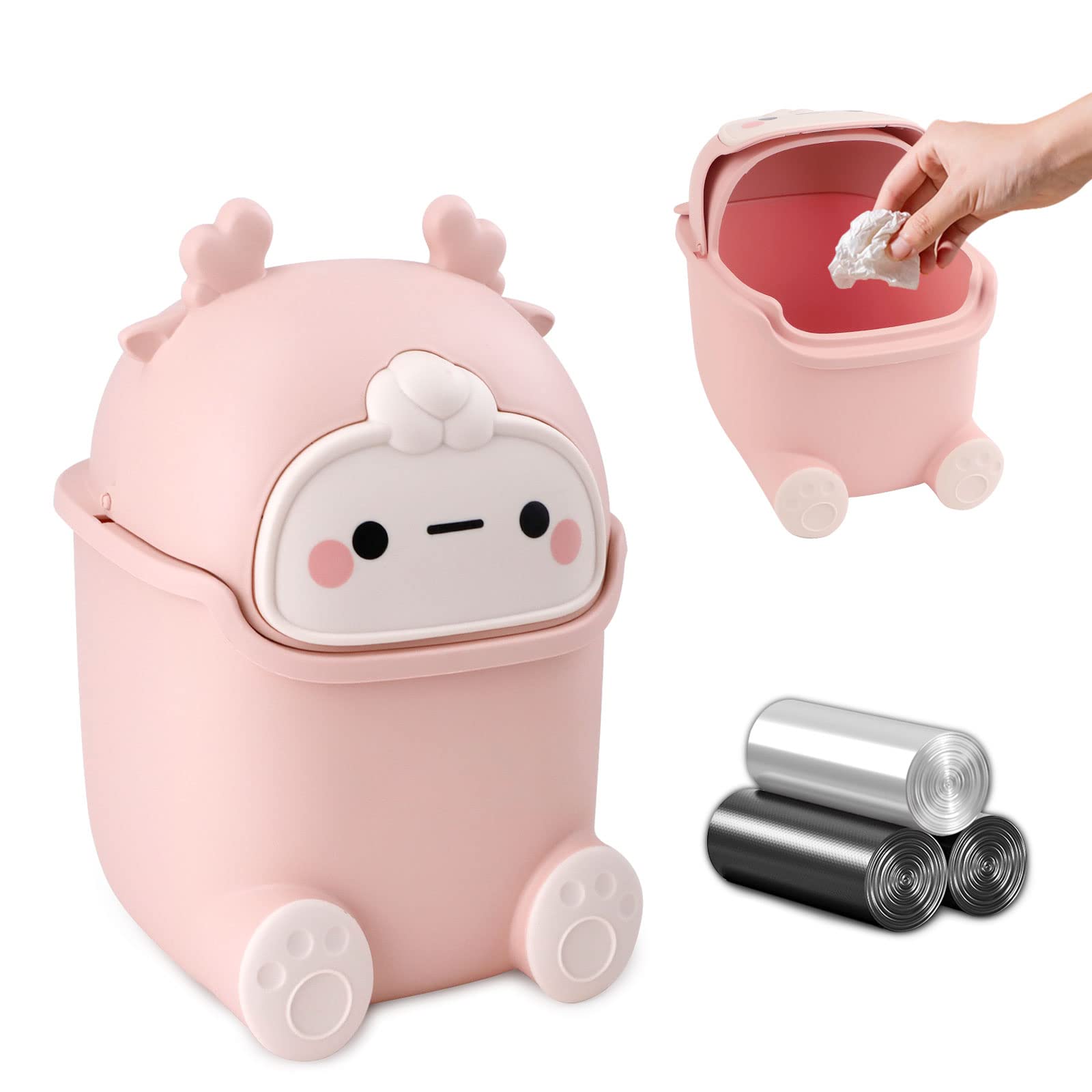 QLFJ-FurDec Small Wastebasket Bin with Lid, Cute Mini Office Bins and 3 Rolls Bin Liners, Cartoon Desk Dustbin 15.5 * 14 * 23.5cm for Home,Vanity Tabletop, Bedroom (Pink)
