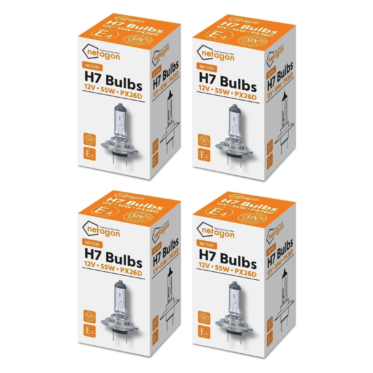 Netagon 4 x H7 (477/499) 12v 55W PX26d Headlight Bulbs Halogen Bulb Standard Replacement for Fog Tail Daytime Running Light DRL 12V Car Exterior Light E-Mark, Set of 4