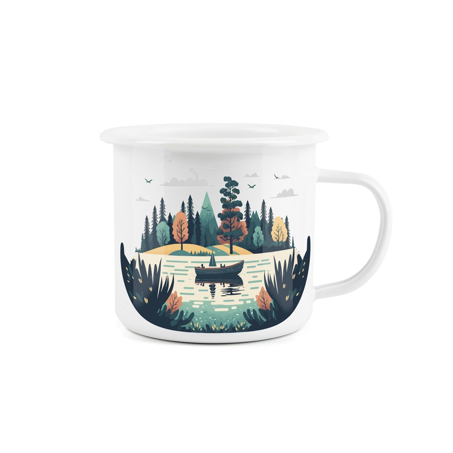 Forest Lake Enamel Mug - Camping Gift Durable Hot Drinks White Outdoor Cup - Travel Picnics Home Hiking