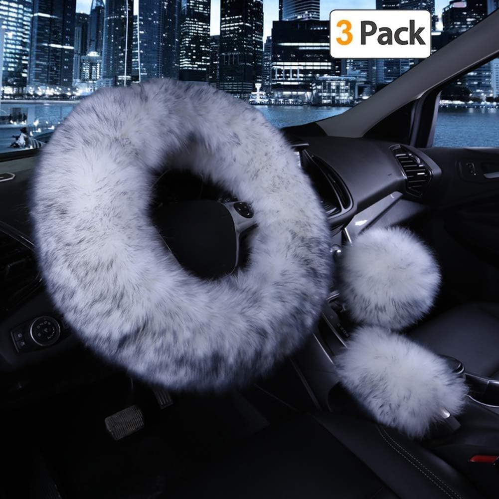 Car Steering Wheel Cover Gear Shift Handbrake Fuzzy Cover 1 Set 3 Pcs Multi-Colored with Winter Warm Pure Wool Fashion for Girl Women Ladies Universal Fit Most Car(White + Gray)