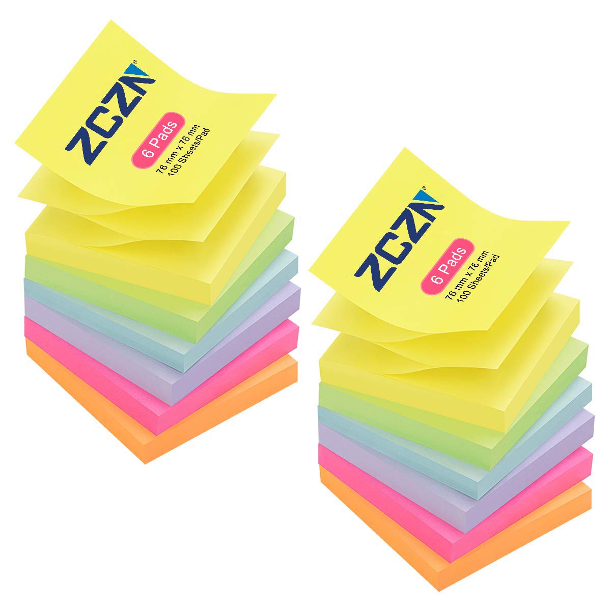ZCZN Pop-up Sticky Notes 76 x 76 mm, 12 Pads Assorted Colours Self-Stick Z Notes, 100 Sheets/Pad, (Yellow,Light Green,Light Purple,Rose Red,Orange,Light Blue)
