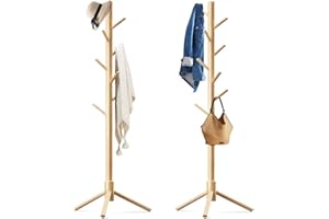 OUTGAVA 2 Pack Coat Rack, Solid Wood Coat Rack Freestanding with 8 Hooks & 3 Adjustable Heights, Simple Assembly Coat Tree for Hats, Bags, Wooden Coat Hanger Stand for Bedroom, Entryway, Office