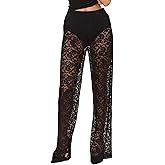 Women Lace See Through Pants Floral Lace Bell Bottom Pants Low Waist Slim Fit Flared Leggings Y2K Sexy Trousers