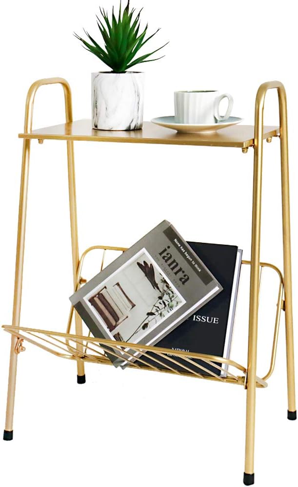 Tiita Gold Metal Side Table Two-Tier End-Table Magazine Storage Accent Table for Sofa, Bedroom,Living Room(Gold): Kitchen & Dining