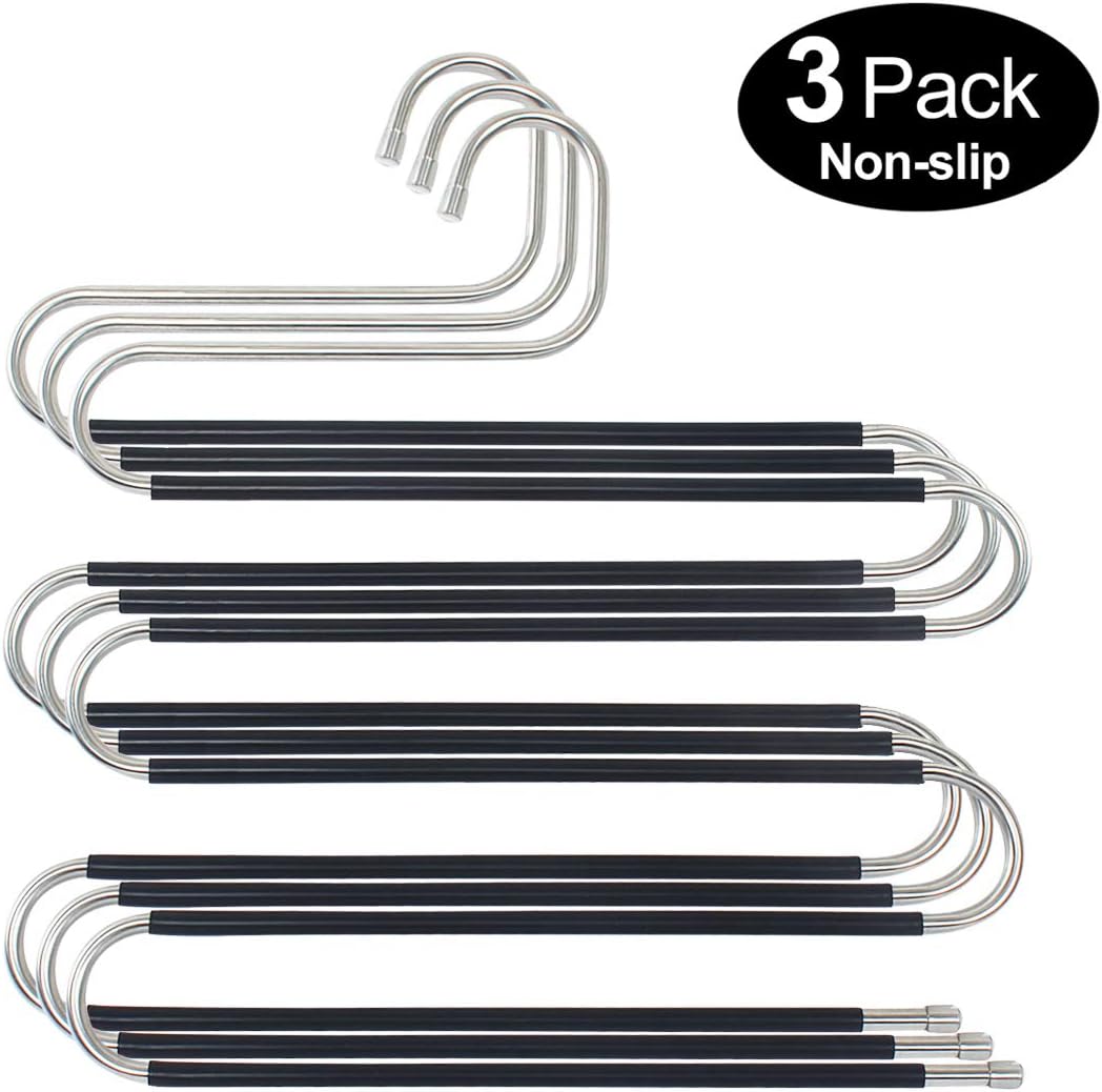 HuaQi S Shape Clothes Pants Hangers Non Slip Closet Storage Organizer Multi Space Saving Hanger for Pants Jeans Belt Tie Scarf Legging (3-Pieces)