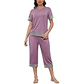 HONG HUI Women's Pajama Set Sleepwear Tops with Capri Pants Casual and Fun Prints Pajama Sets