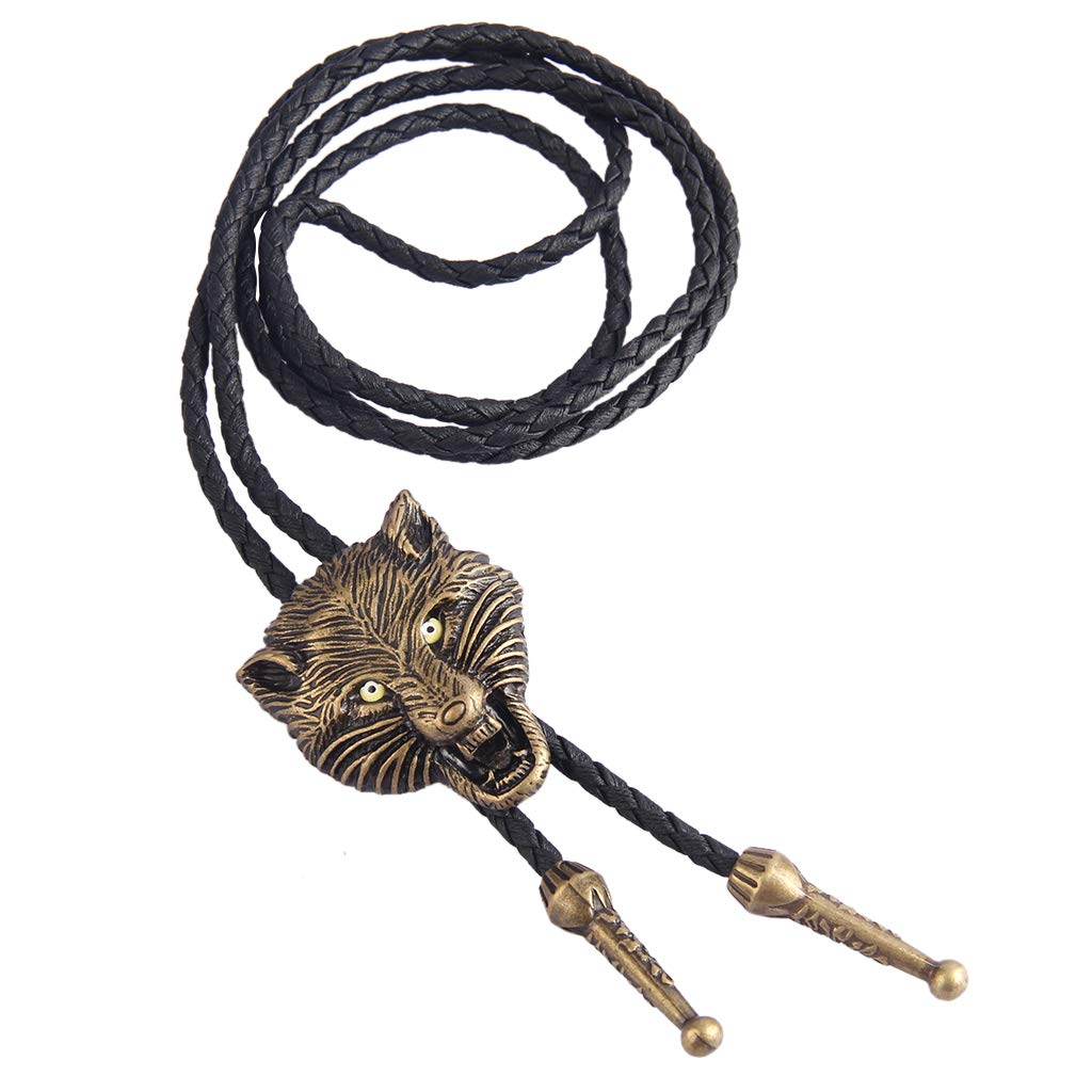COOLLA Bolo tie- Handmade Bull Western Cowboy Black Vintage Turquoise Pendant for Women,Men (bolo tie Wolf-Bronze)
