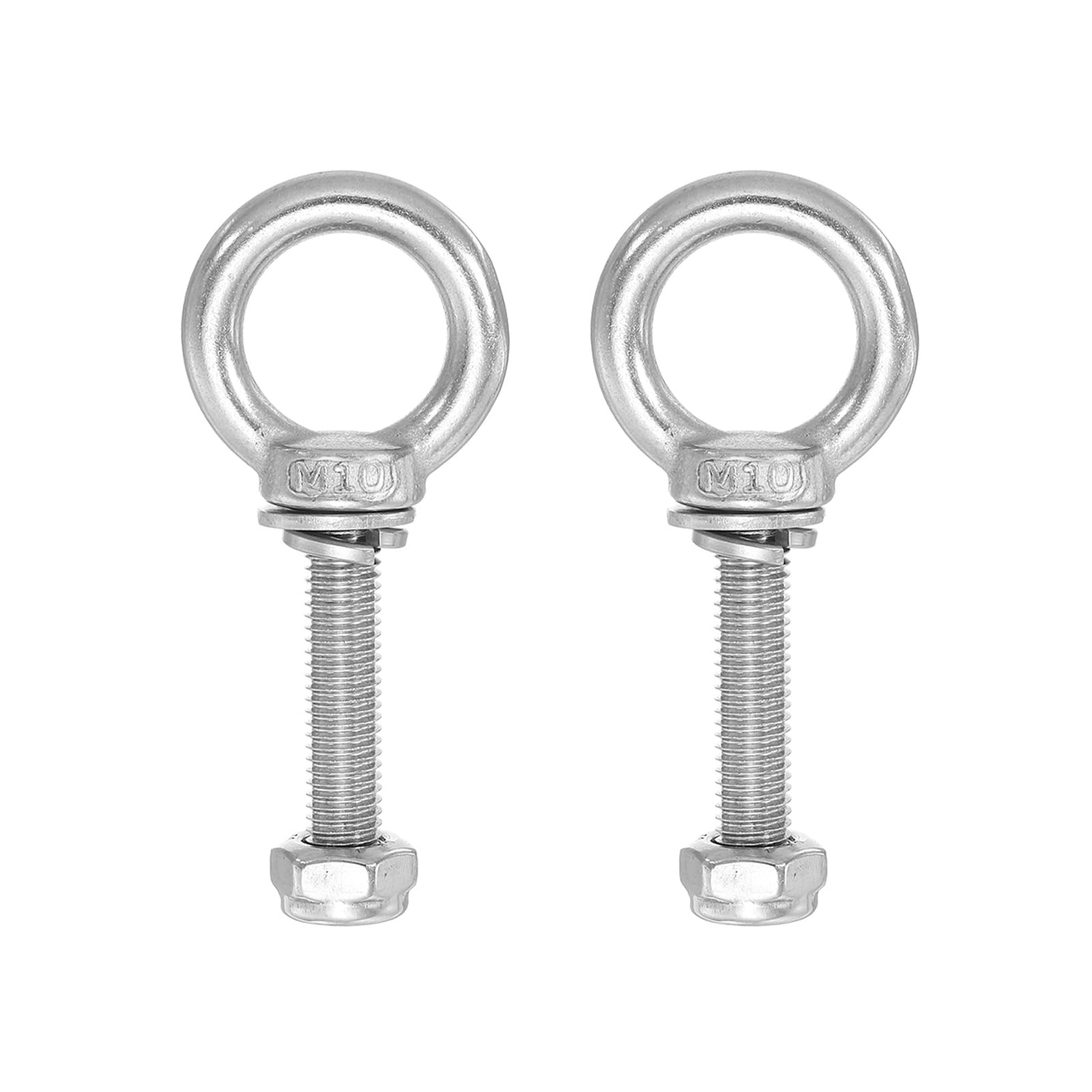 PATIKIL Lifting Shoulder Eye Bolts, M10x50 304 Stainless Steel Male Thread with Hex Screw Nut Gasket Flat Washer for Hanging Securing Chain Wire Rope, 2 Sets
