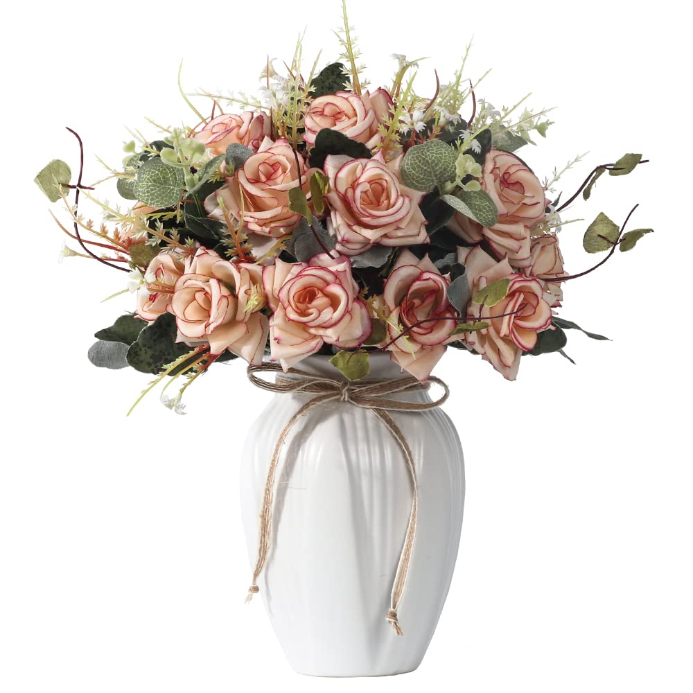 Photo 1 of LESING Artificial Rose with Vase,Fake Silk Flowers Bouquets in Vase Table Centerpiece Arrangement for Kitchen Living Room (Pink)