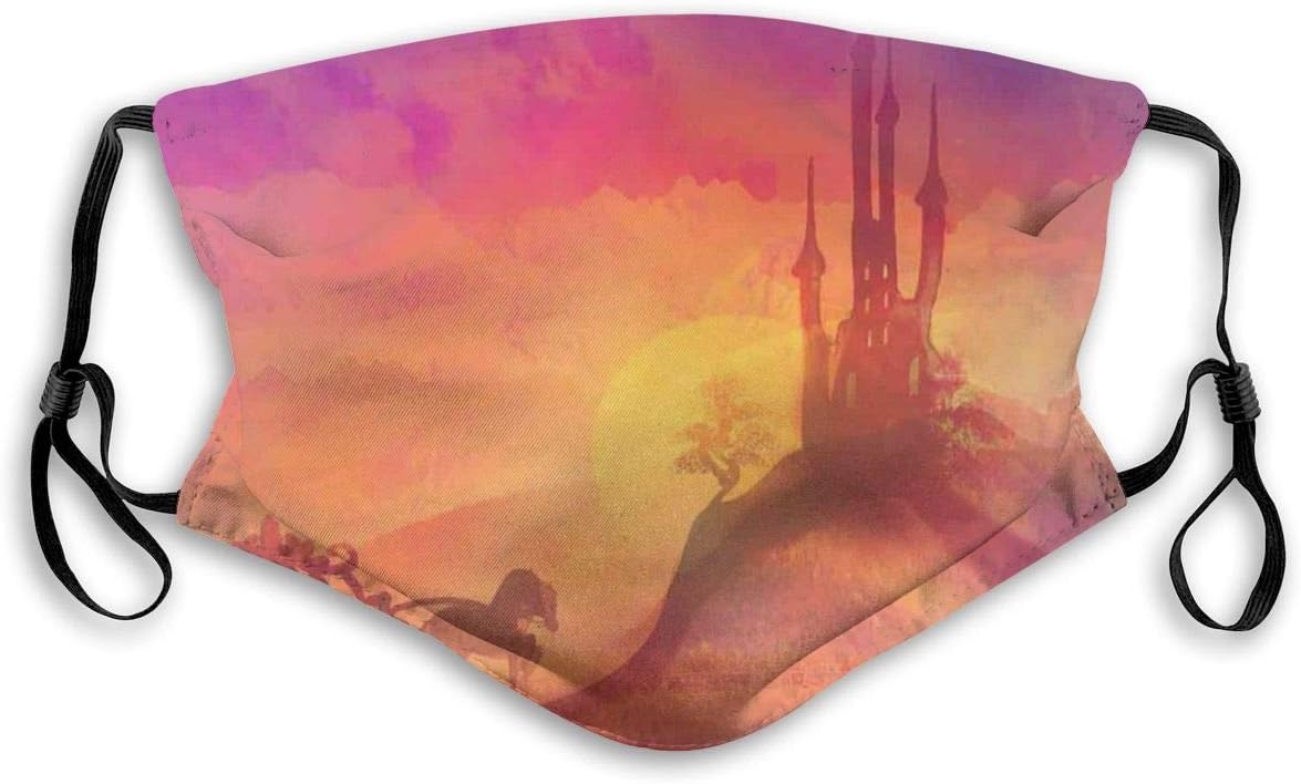 Anti Dust Pollution Adjustable,Fantasy Gothic Medieval Castle And Carriage With Horse Imaginary Kingdom Print,Mouth Mask Reusable Safety Warm Face Mask for Outdoor,Kids size:S