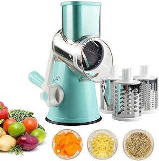 Basuwell Manuelle Gemüseschneider Gemüsehobel Trommelreibe Käsemühle Mit 3 Edelstahl Trommeleinsätze (Blau)
