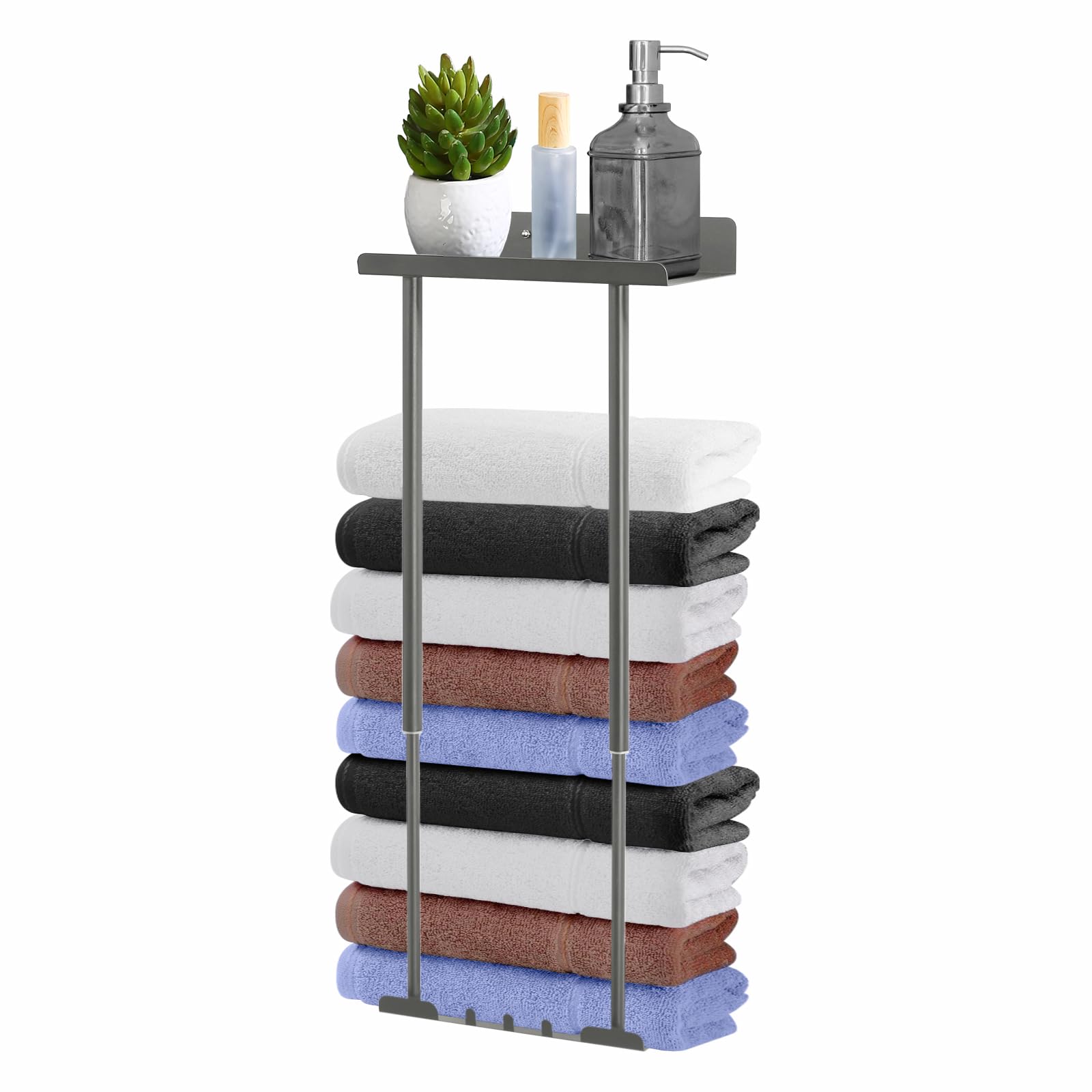 HONPHIER Wall Mounted Adjustable Towel Rack Storage Shelf With Rails 41-75 CM, Bathroom Holder With Hooks - No Drilling or Drilling Option (Grey)