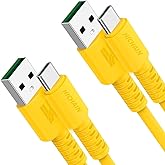 Hichain Pack of 2 USB A to USB C Charger Cable Yellow 6.5 ft, 100W Type C Fast Charging Cord Data Sync Silicone USB C Cable for Phone Samsung Galaxy Pixel Xiaomi PS5 JC-ACY6.5-2P
