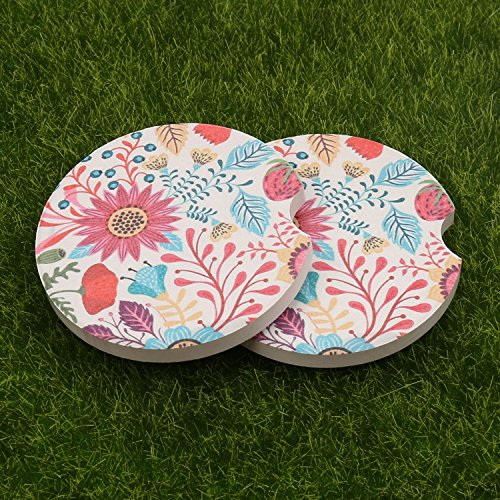 Ceramic Car Coasters Pack of 2,Absorbent Stoneware Auto Cup Holder Coasters for Drinks,Car Accessories Absorb Sweat Condensations to Keep Your Car Cup Holders Clean and Dry,2.56"Diameter (Sunflower) - Thumbnail 4