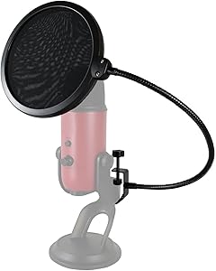 HDE Microphone Pop Filter for Blue Yeti - Dual Layer Studio Mic Wind Screen with Stand Clip and 360 Degree Gooseneck Arm - Black