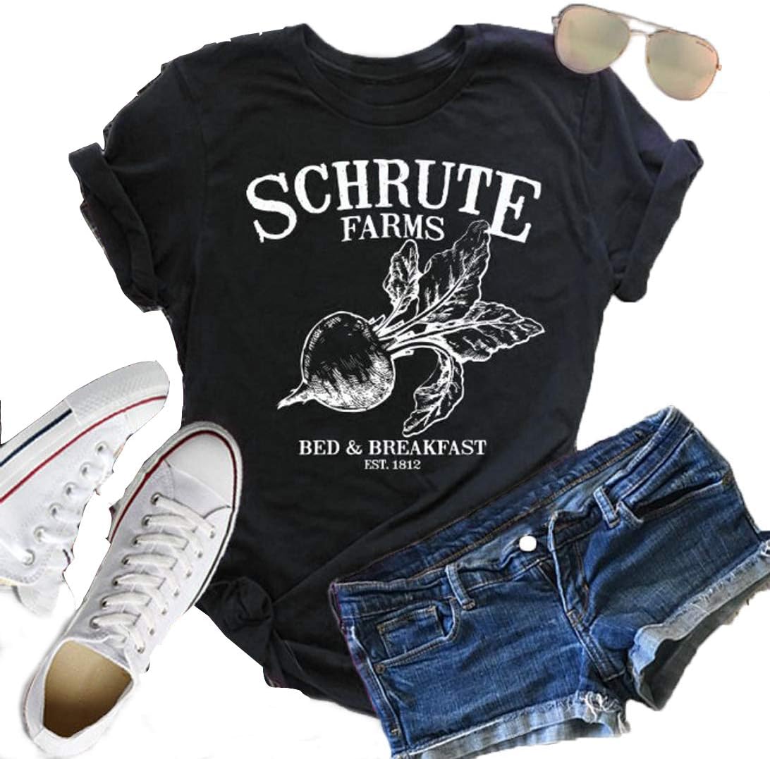 YEXIPO Womens Graphic Tees Schrute Farms Shirts Short Sleeve Funny Letter Print Summer Casual T-Shirt Tops