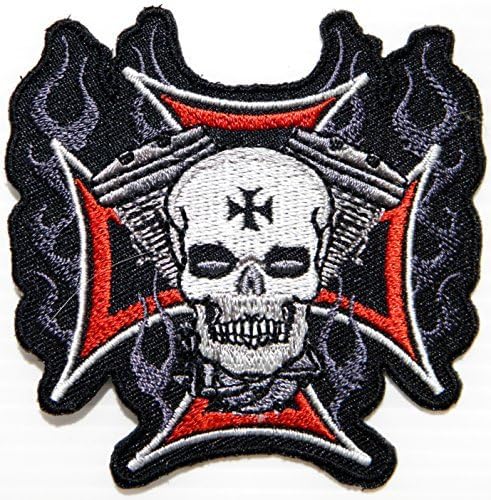 3" x 3" Red Cross Skull Ghost V twin Sheild Biker Punk Rock Heavy Metal Iron on Patch Sew Iron on Embroidered Sign Badge
