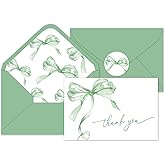 Whaline 24Pcs Green Bow Thank You Cards with Envelopes and Stickers Watercolor Bow Greeting Cards Sage Green Blank Note Cards for St. Patrick's Day Birthday Baby Shower