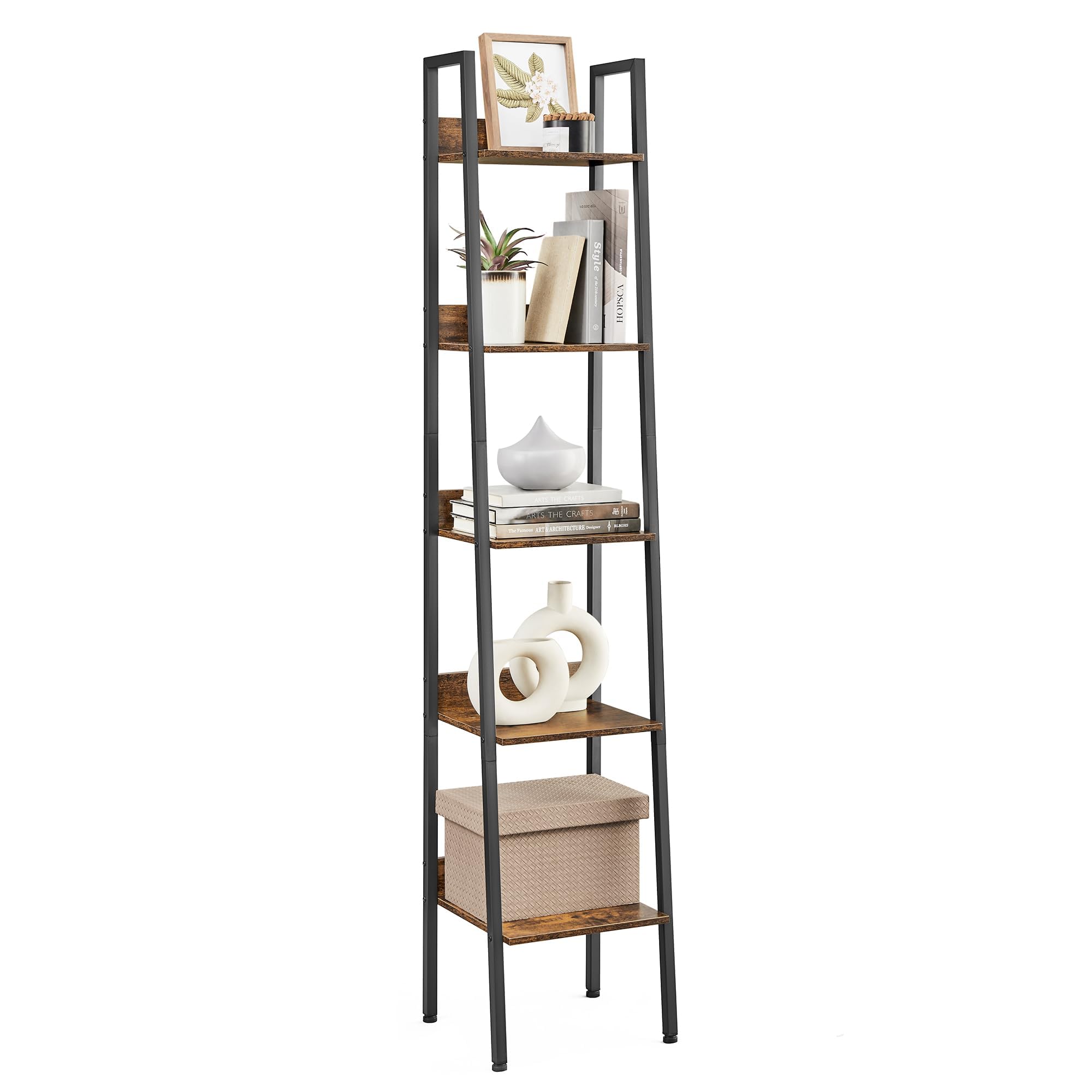 VASAGLE Bookshelf, 5-Tier Narrow Book Shelf, 11.8 x 13.3 x 66.9 Inches, Ladder Shelf for Home Office, Living Room, Bedroom, Kitchen, Rustic Brown and Ink Black ULLS109B01
