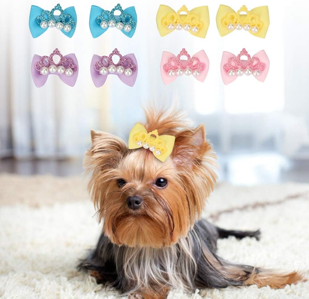 20pcs Cute Puppy Dog Small Bowknot Hair Bows with Rubber Bands & Pearls & Handmade Lace Fabric,Handmade Hair Accessories Bow Pet Grooming Products-Cat Puppy Yorkshire Grooming Hair Accessories - Image 3
