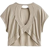 SOLY HUX Women Open Back Tops Workout Backless Tee Casual Athletic Shirts Short Sleeve Oversized Gym T Shirt Plain Brown X-Small