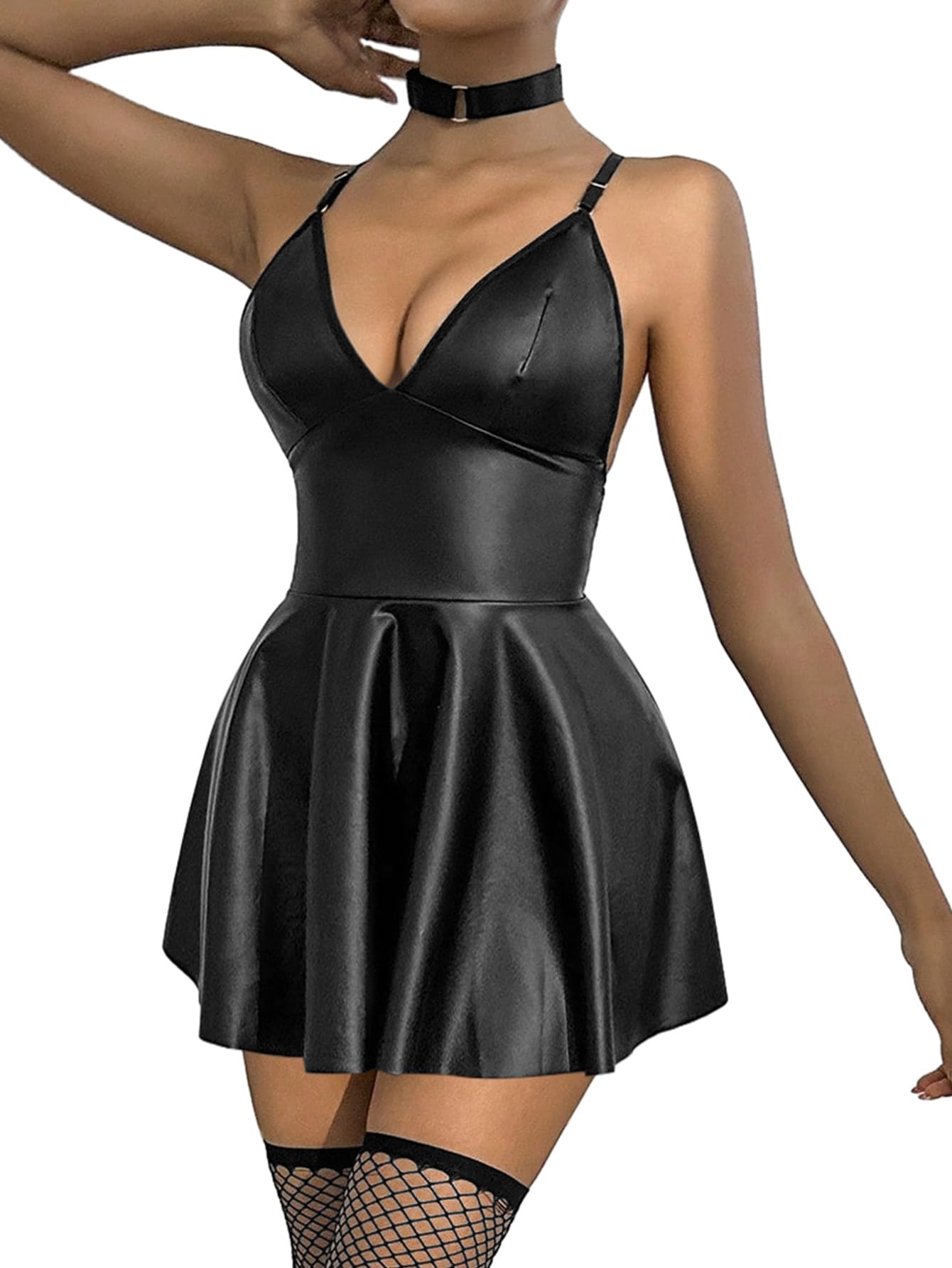 Photo 1 of Foxiny Sexy Leather Collar Plunge Mini Skirt Choker Stocking Lingerie Set Dress with Thong 3 Piece Women PU Deep V Neck Outfits Backless Matching Bra Panty Underwear Short Black Large