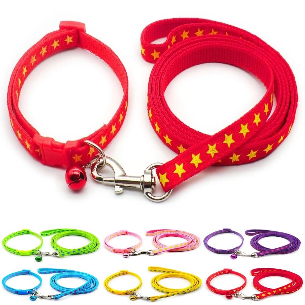 Small Dog Puppy Pet Collar and Lead Set Star Design Nylon Adjustable Size 19-32cm Collar with Bell and 120cm Leash Red