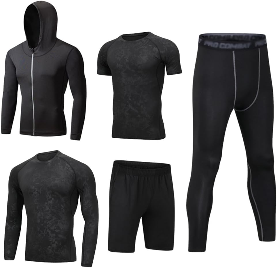 Mens 5pcs Sports Gym Fitness Clothing Set Hoodies Jackets+Long Sleeve+Short Sleeve Base Layers T Shirts+Loose Fitting Shorts+Compression Pants for Workout Training Running Tracksuits