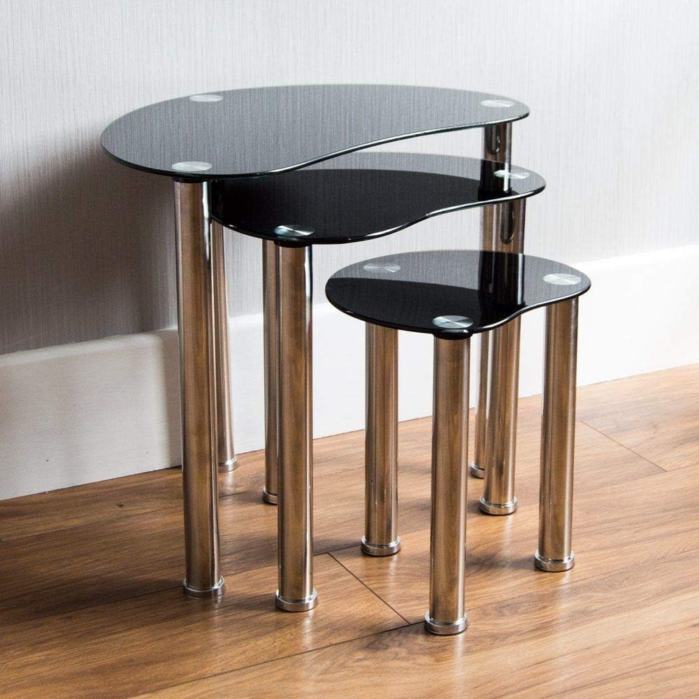 QIHANGUK Nesting Tables Set of 3 Black Glass Top Stainless Steel