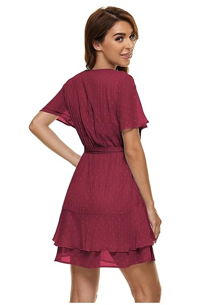 UGUEST WOMEN’S SUMMER CHIFFON SHORT SLEEVE V NECK RUFFLE DRESS LIGHT MINI SWING HIGH WAIST SLIP LINING DRESS WITH BELT WINE RED XS