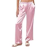 Ekouaer Womens Silk Satin Wide Leg Pajama Sleep Pants Casual Loose Soft Lounge Pants Elastic Waist Pj Bottoms with Pockets