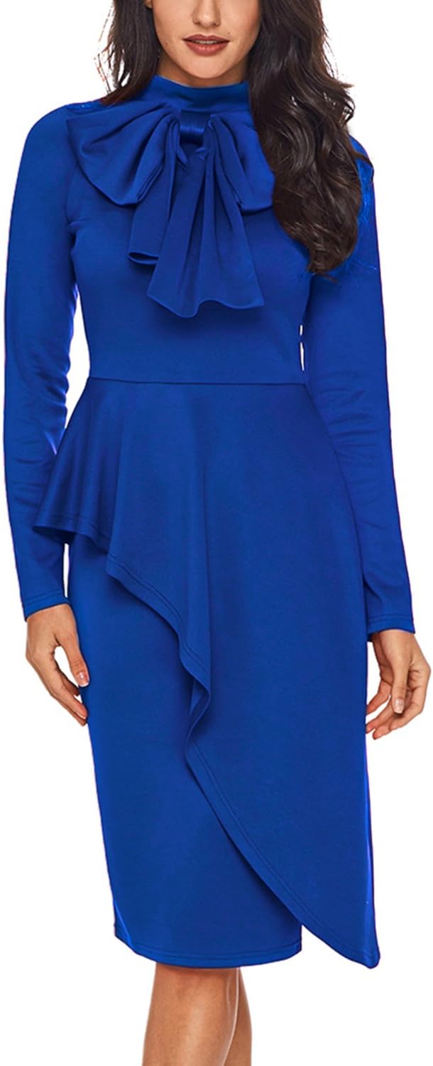 Womens Tie Neck Peplum Waist Long Sleeve Bodycon Business Dress(S-XXL)