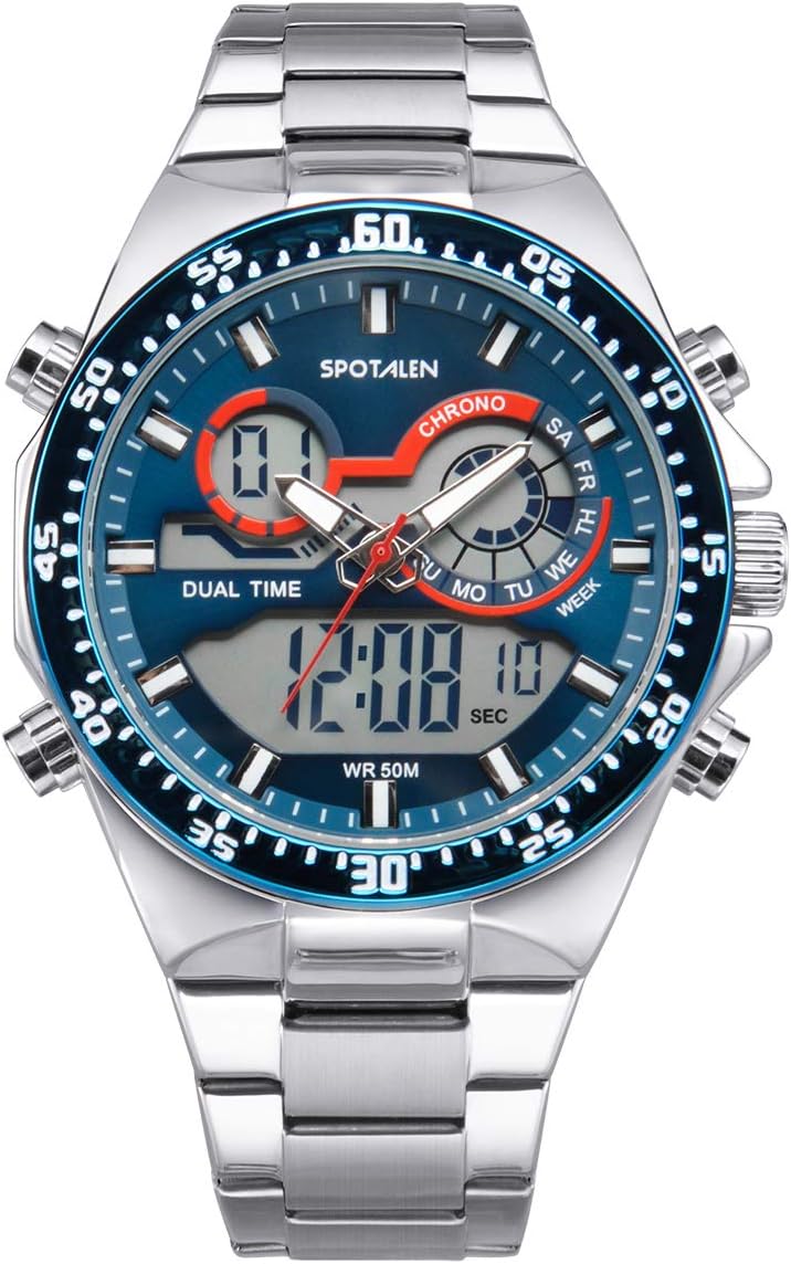Men’s Watch Sport Big Face Military Analog Digital Waterproof Wrist Watches for Man LED Backlit Army Outdoor Multi-Function in Black Silicone Band