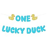 One Lucky Duck Banner Glitter Blue Duck 1st Birthday Decorations Farm Animal Theme Birthday Banner for Boys First Bday Party Supplies