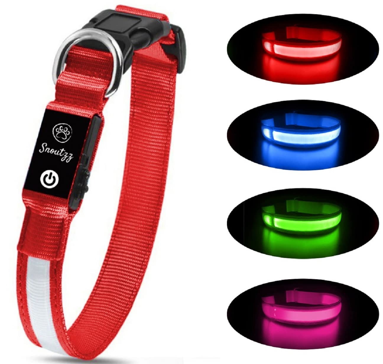 SNOUTZZ® LED Flashing Dog Collar USB Rechargeable - Ultra Bright & Highly Visible - Waterproof & Increased Safety- Available 4 Colours & 4 Sizes (Red, Small)
