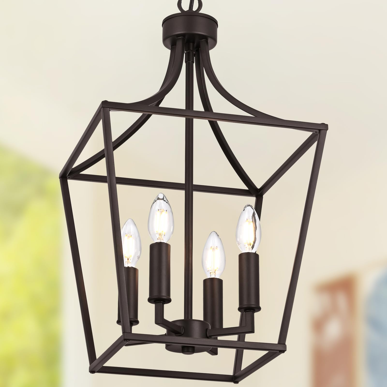 Photo 1 of WINSHEN 4-Light Farmhouse Lantern Chandelier, Height Adjustable Pendant Light Fixture Hanging Kitchen Lighting for Foyer Dining Room Over Table, E12 Bulb Base & Oil Rubbed Bronze