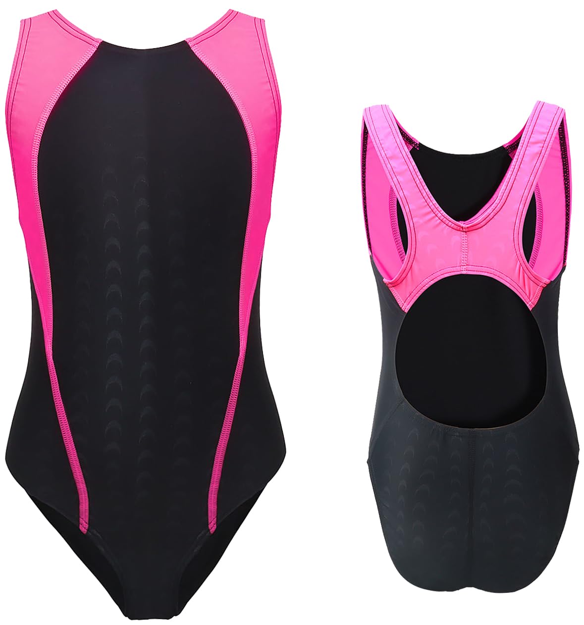 Photo 1 of Kids Girls Athletic Swimsuit One Piece Solid Swimwear for Practice and Competition in Black and Navy Bathing Suit(Black+Pink,9-10 Years)