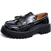 Men's Handmade Patent Leather Tassel Loafers Lug Sole Non-Slip Comfortable Wide Toe Platform Dress Leather Shoes for Business Formal Party Casual Office Work