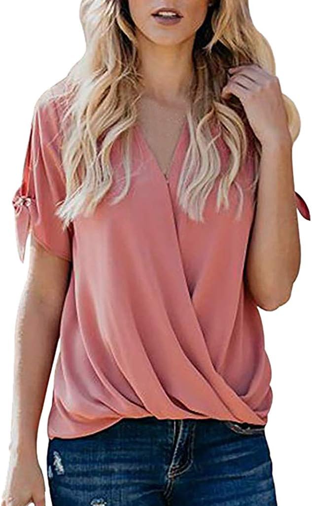 FORUU Women Ladies Summer Chiffon Short Sleeve Casual Shirt Tops Blouse T-Shirt