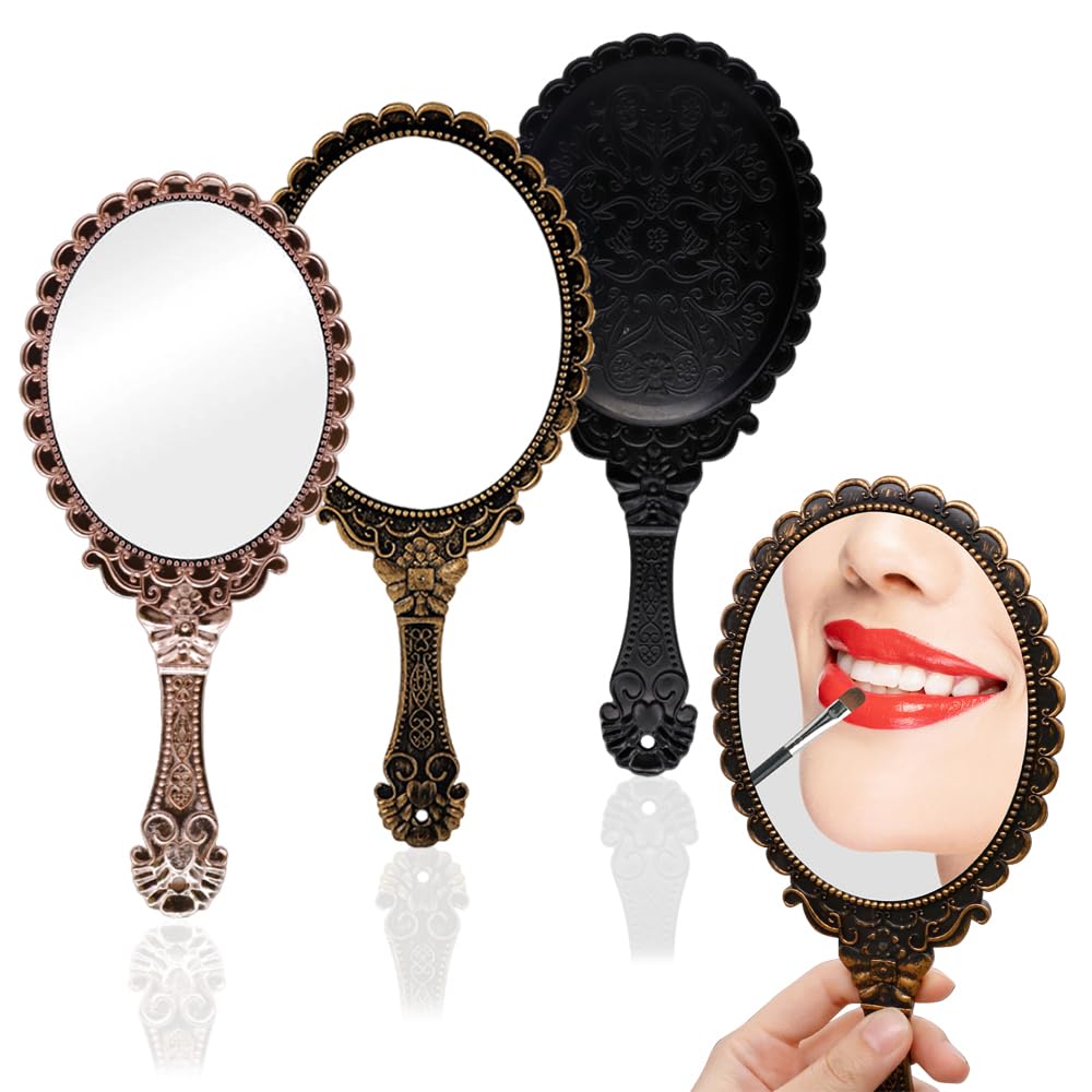 3 Pcs Vintage Mirror Handheld, Embossed Floral Retro Makeup Mirror with Handle Compact and Portable, Mini Single-sided Oval Mirrors for Travel Office ( Black, Rose Gold, Bronze)