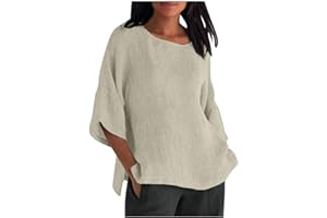 MAMIDAY Linen Shirts for Women 3/4 Sleeve Crewneck Oversized T Shirts Loose Casual Blouses Lightweight Trendy Summer Tops