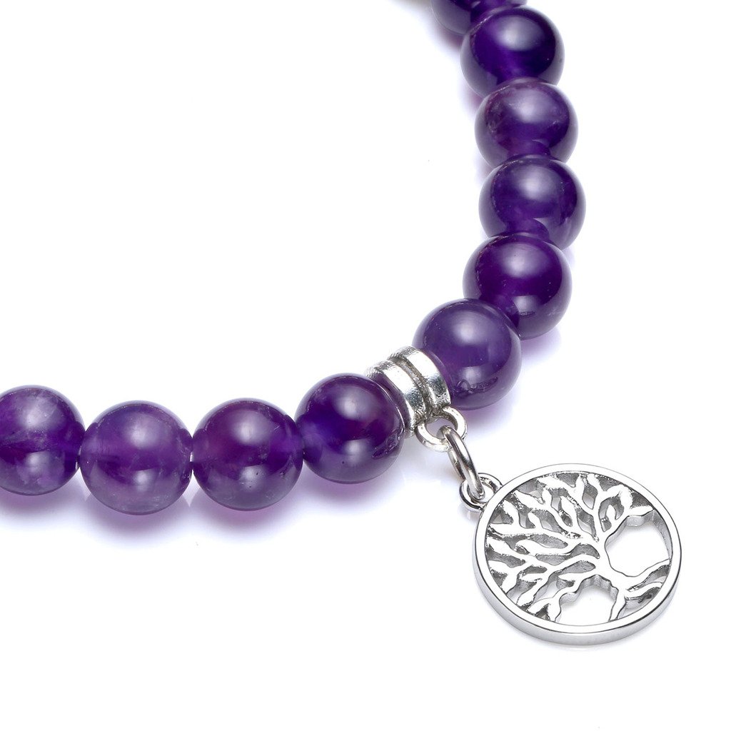 JOVIVI Stein Armband Energietherapie Yoga-Armband Lotus/Baum des Lebens/OM Symbol Anhänger 7 Chakra Balance Armreif(Amethyst-Baum des Lebens)
