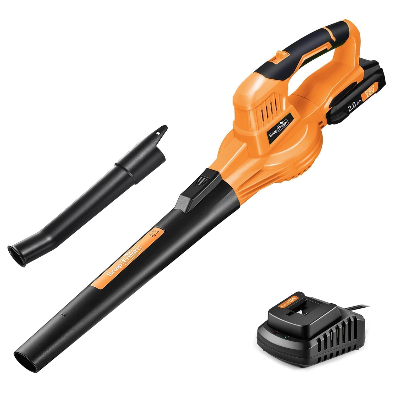 Photo 1 of **MISSING BATTERY AND SMALL ATTACHMENT**SnapFresh Cordless Leaf Blower - 20V Electric Leaf Blower with 2.0 Ah Battery and Charger - Lightweight 2-Speed Leaf Blower for Lawn Care and Yard/Garden/Patio Cleaning (Orange)