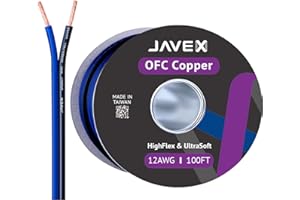 JAVEX 12-Gauge AWG Audio Speaker Wire Cable (100 FT), [OFC Oxygen-Free Copper] Thin Flat Cable for Automotive Car Stereo Audio, HI-FI Stereo, Home Theater, Blue/Black