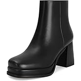 MAIJED Women's Black Leather Platform GoGo Ankle Boots Square Toe High Chunky Block Heels with Back Zipper Comfort Party Dress Booties Shoes