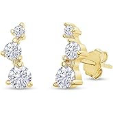 SAVEARTH DIAMONDS 18k Gold Plated Sterling Silver Post Ear Crawler Earrings 1.00 Carat (ctw) Moissanite Diamond 3-Stone Climber Earrings for Women | Trendy Jewelry Gifts For Her Push Back Earrings