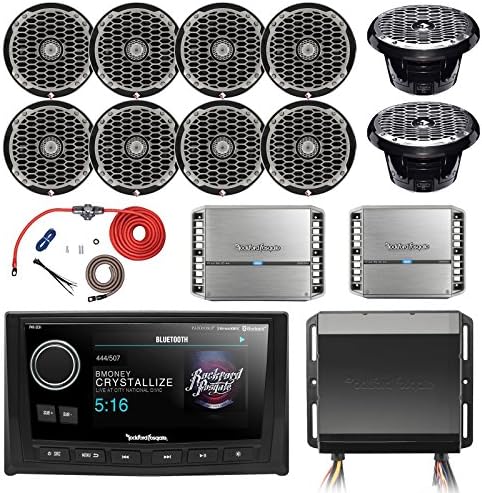 Rockford Fosgate Hide Away AM/FM Receiver, Wired 5" Display Head Unit, 8X 2-Way 4-Ohm 8" 400W Black Speakers, 2X 10 Subwoofer, 400W 4-Channel Amplifier, 300W Monoblock Amp, 2X 8 AWG Amp Install Kit