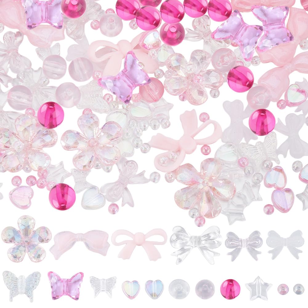 SUNNYCLUE 300Pcs 17 Styles Assorted Acrylic Beads Butterfly Heart Bead Bulk Pink Candy Color Pastel Plastic Flower Star Bow Round Beads for Bracelets Jewellery Making Necklace DIY Crafts Accessories