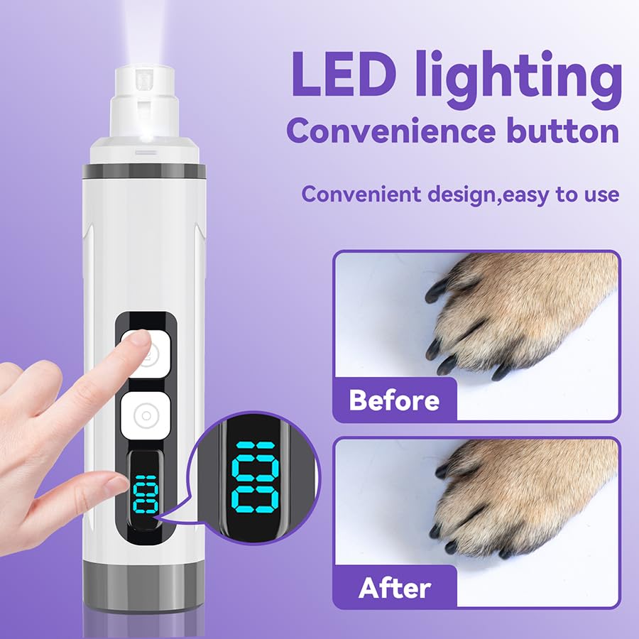 Chwwen Dog Nail Grinder Quiet-2024 Release Ultra-Quiet Dog & Cat Nail Grinder with LED Light & Battery Display - Painless Nail Trimmer for Small to Large Pets, Thick Nails, and Sensitive Paws - Image 5